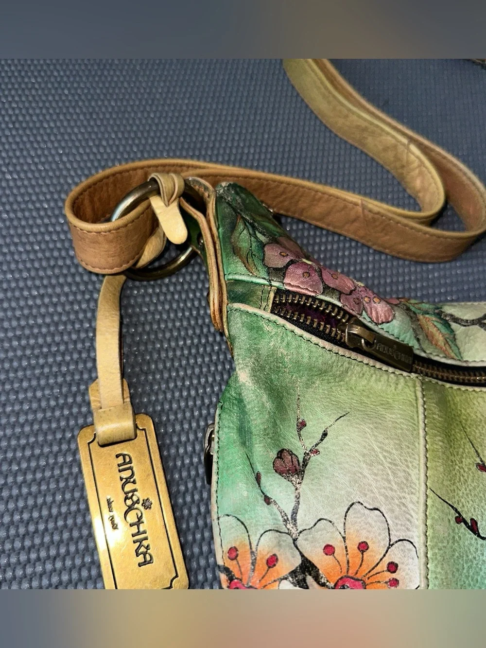 Anuschka Hand Painted Genuine Leather Hobo Shoulder Bag Peacock Floral